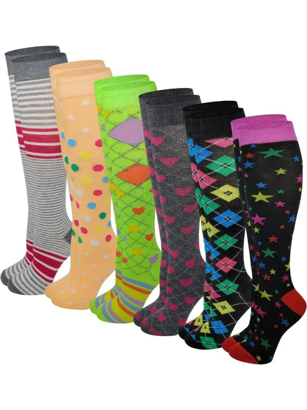 6 Pairs Colorful Knee High Socks - Stylish Multi-Patterned Women's Fashion Socks